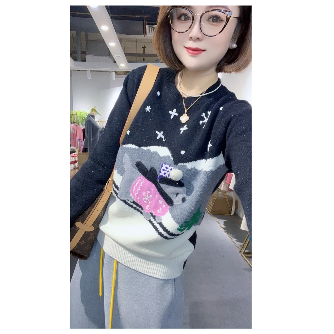 【DJ轻奢】2024秋冬羊绒针织衫女重工雪地小狗刺绣宽松百搭