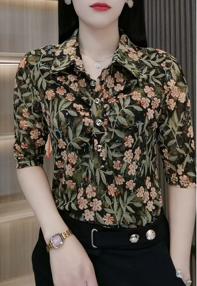 春季新款气质高级感弹力衬衫时尚洋气显瘦百搭妈妈装碎花大码衬衫