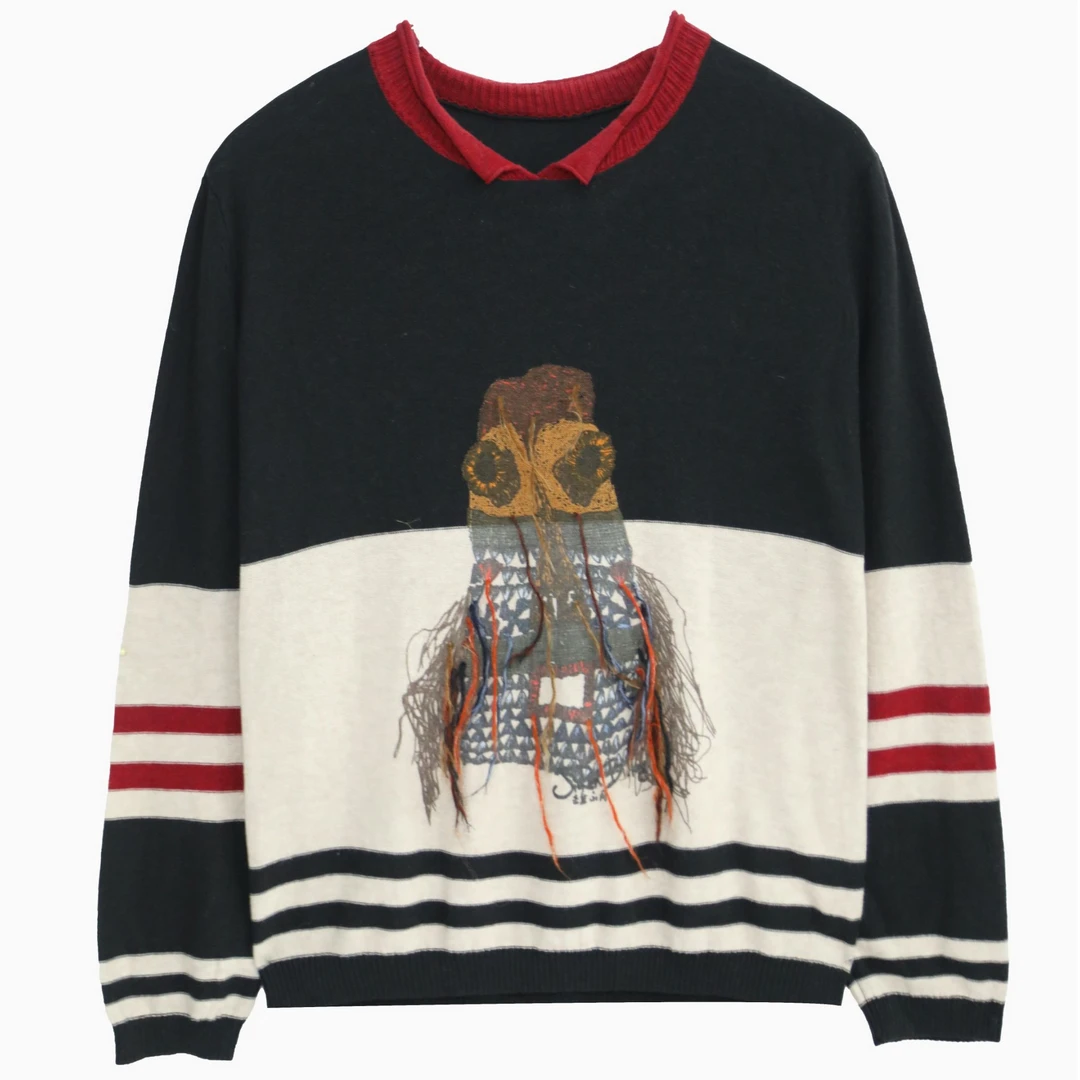 微胖mm秋冬日系复古拼色猫头鹰印花流苏设计感遮肉毛衣上衣 3508