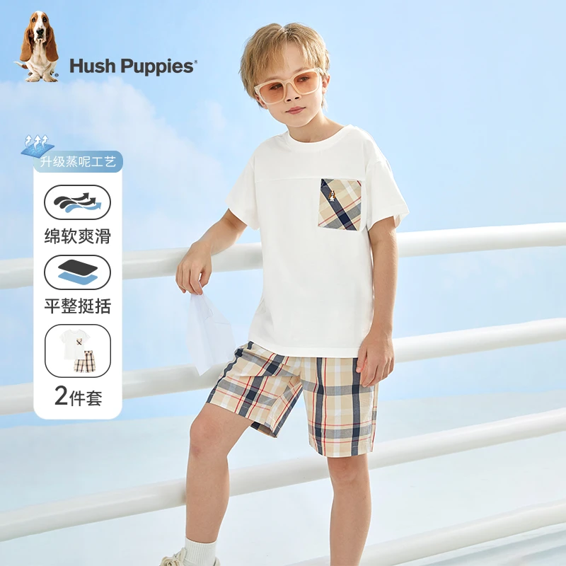 暇步士童装夏季男童时尚套头短袖舒适透气爽滑运动格子两件套套装