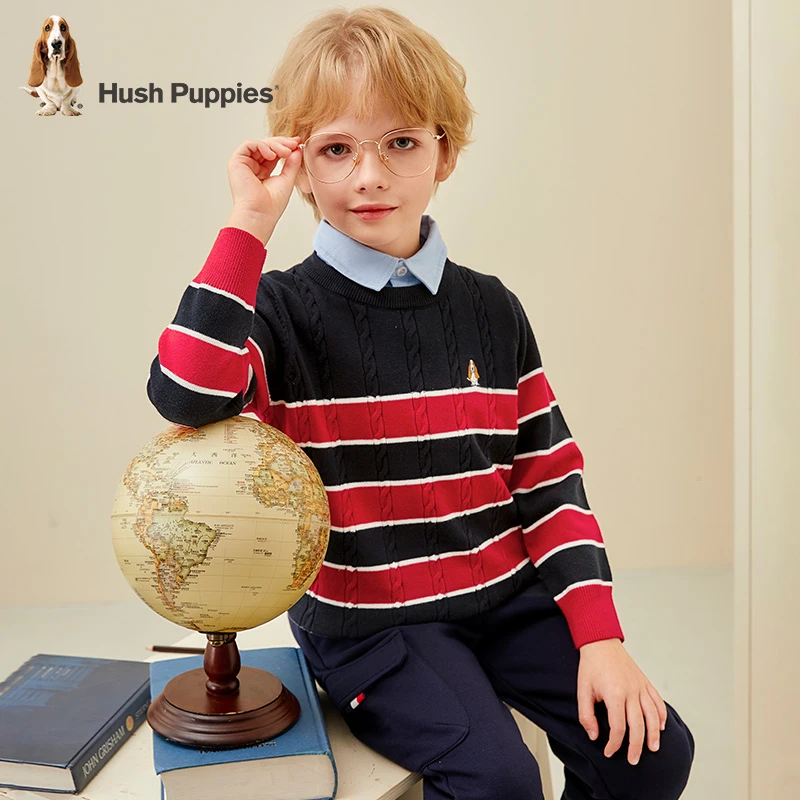 暇步士童装春秋款新款男童假两件条纹保暖针织衫毛衣线衣