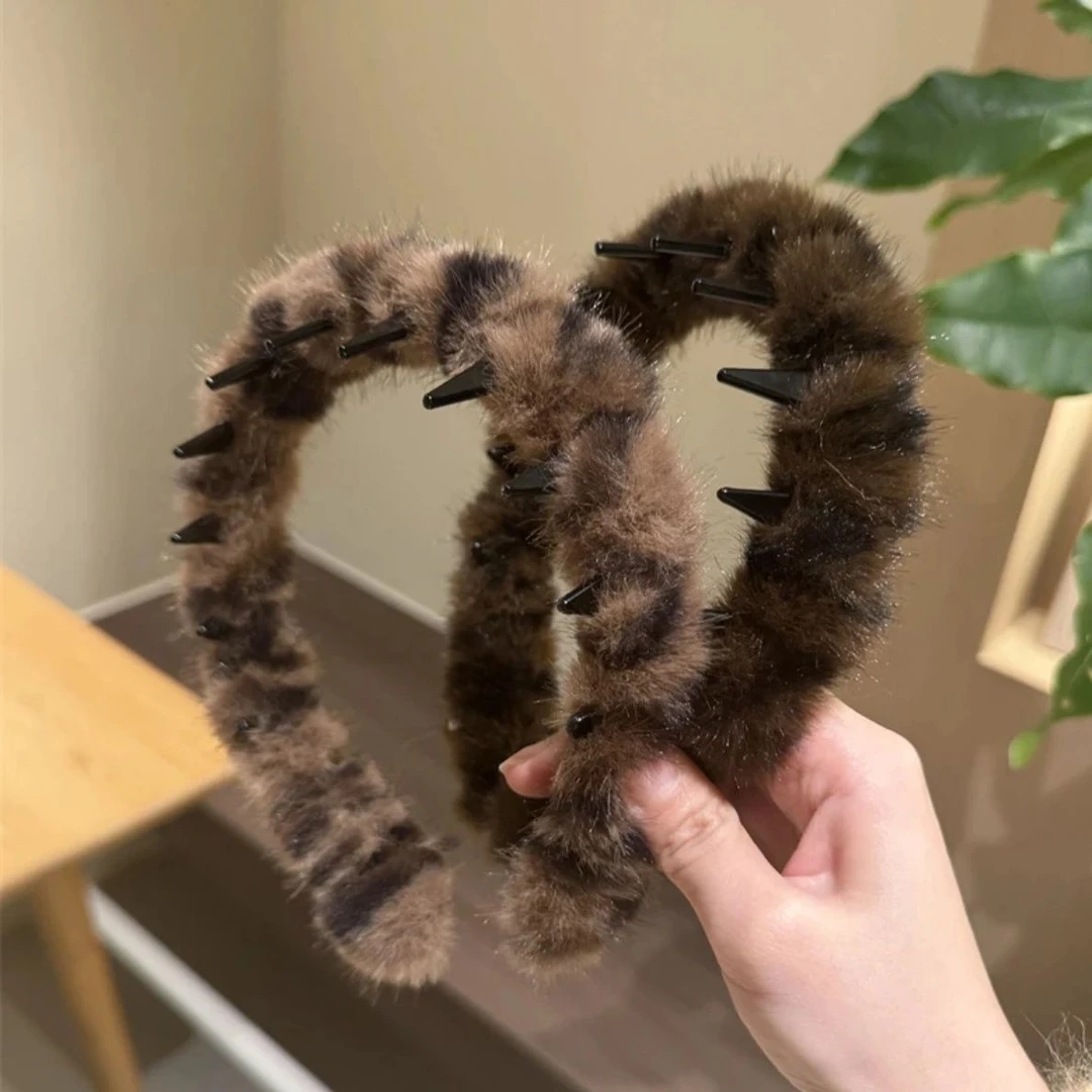 韩系复古豹纹带齿毛绒发箍女防滑洗脸发卡头箍2024年秋冬