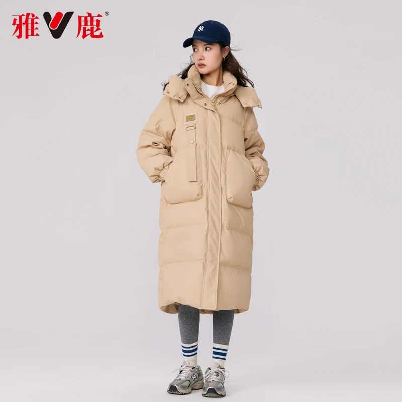 yaloo/雅鹿卡其色羽绒服女2023年新款冬季长款连帽小个子韩版高端