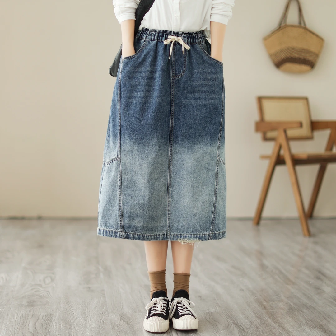 春夏季新款宽松大码休闲牛仔裙女洋气百搭拼接休闲时尚裙子女