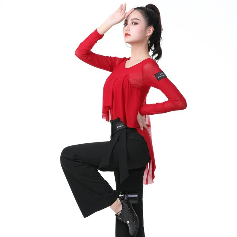 舞蹈服广场舞吉特巴网纱长袖 飘逸仙女衫修身 弹力 透气团队 队服