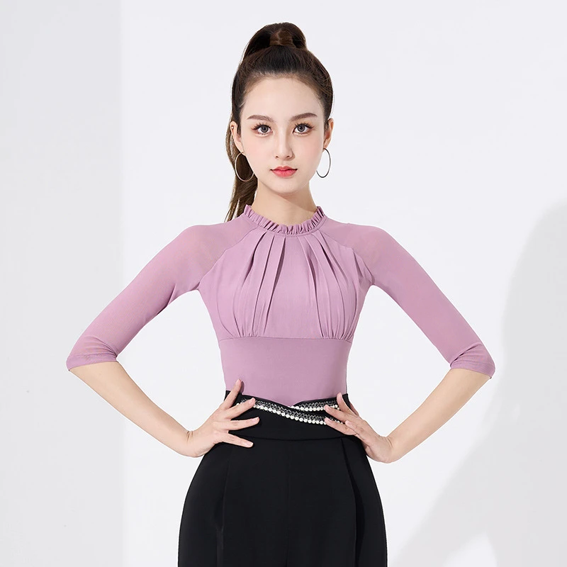 拉丁舞上衣女新款中袖练功服国标舞镂空网纱花边跳舞舞蹈服摩登舞