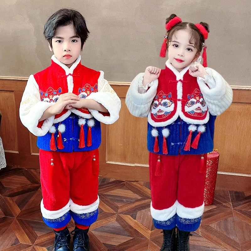 冬季拜年服女童汉服女宝年服唐装男童喜庆服儿童加厚过年衣服微瑕