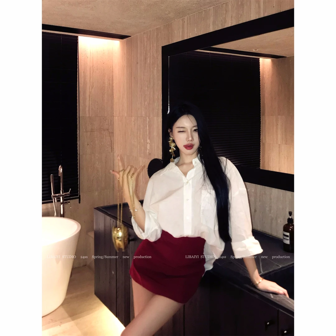 LIBAIYI   美丽坏女人/韩系气质百搭简约衬衫不规则半裙套装1093