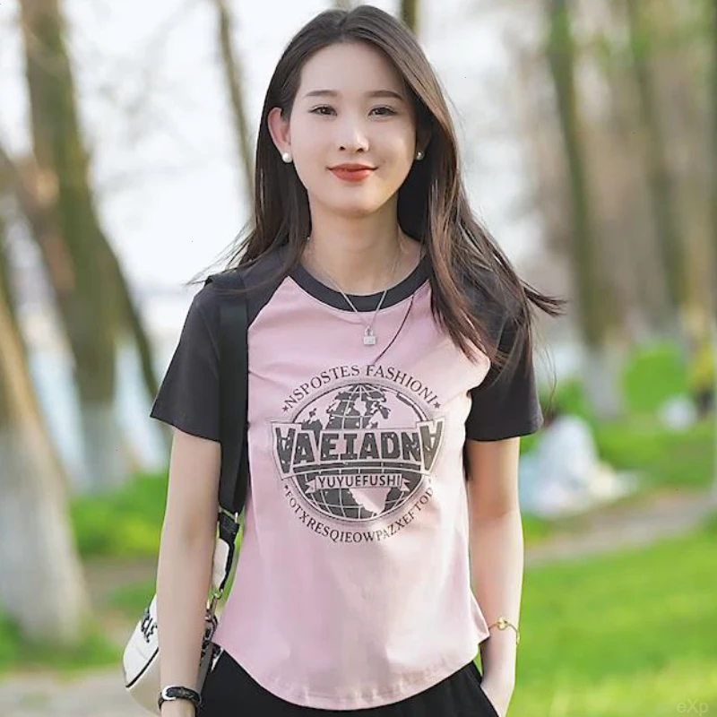 印花百搭遮肚子微胖妈妈时髦高档小个子修身球短袖高弹力棉t恤女