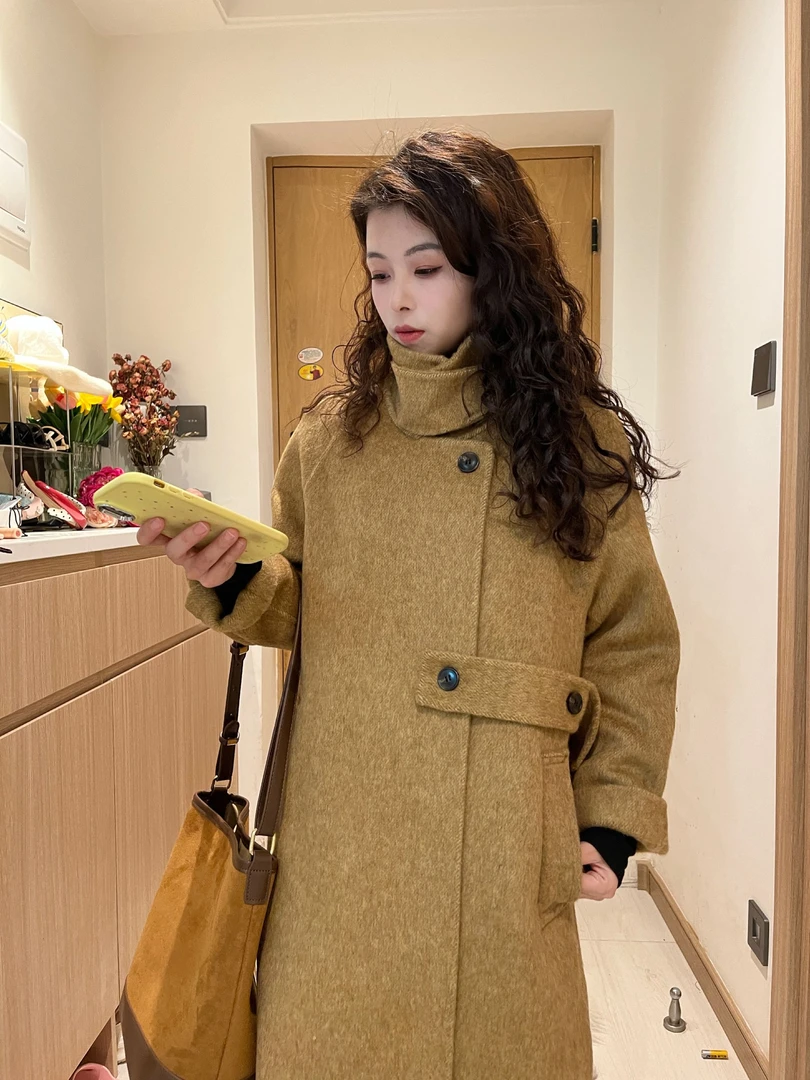 8758冬季小个子双面呢立领时尚绵羊毛大衣外套【饭饭】