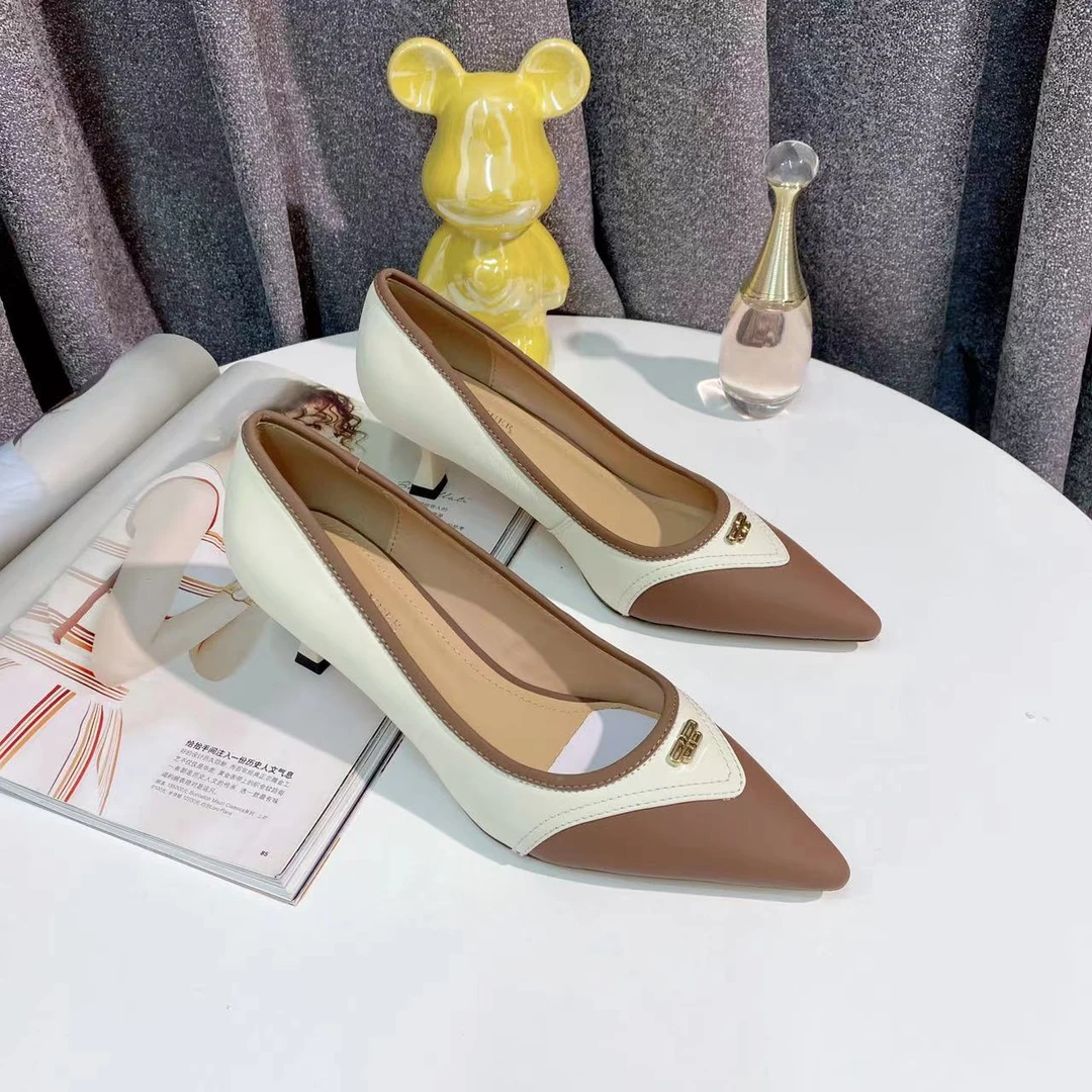 CL7960 米白/棕色 新款气质时尚百搭细跟尖头浅口女单鞋