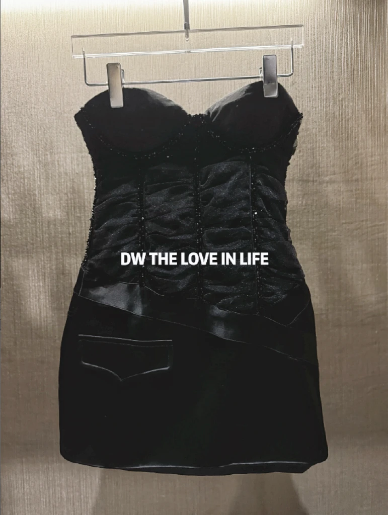 24AW//DW 高定黑色网纱鱼骨收腰抹胸连衣裙