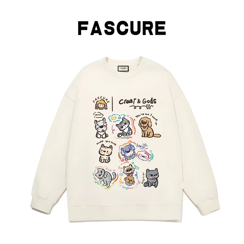 F090【卡通猫狗】FASCURE直喷工艺宽松重磅加厚圆领ovesize卫衣女