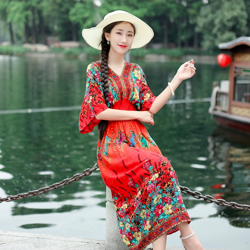粉丝福利春夏超显瘦棉绸连衣裙民族风碎花适合夏天穿的轻薄裙子