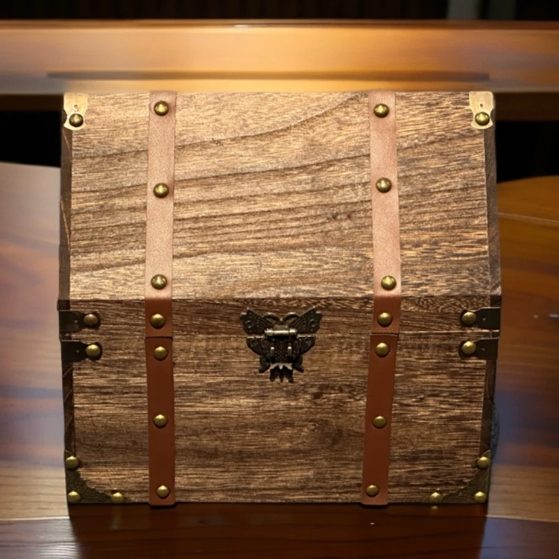 实木桌面收纳盒复古中式古典木质古风长方形带锁木箱子实木质8034