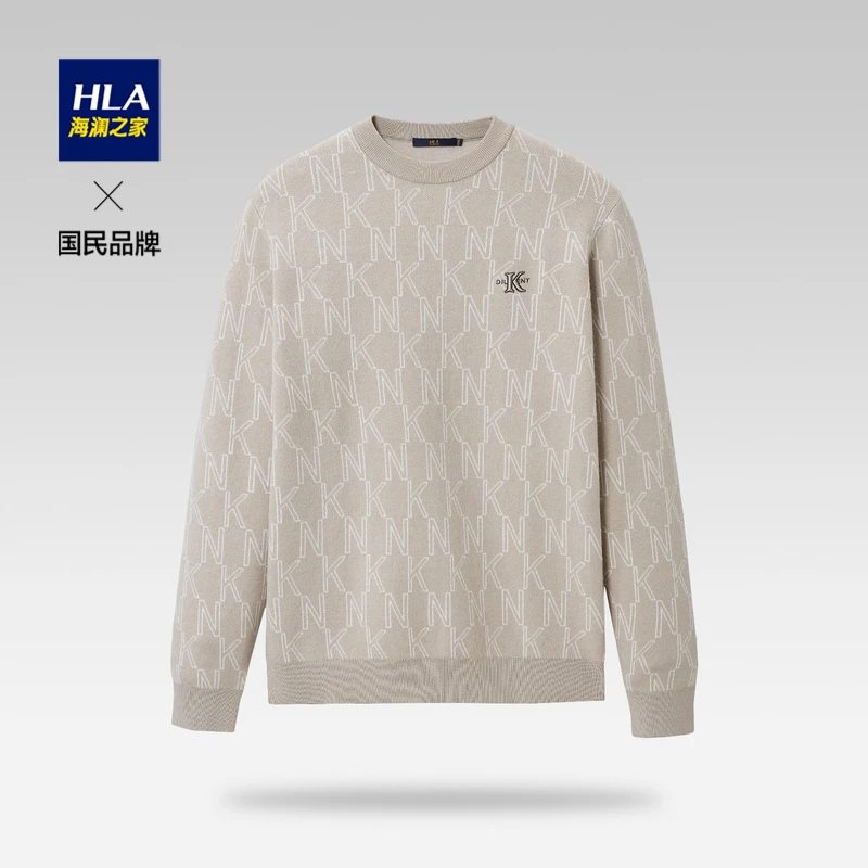 HLA/海澜之家圆领长袖针织衫满身字母提花修身经典休闲保暖秋冬