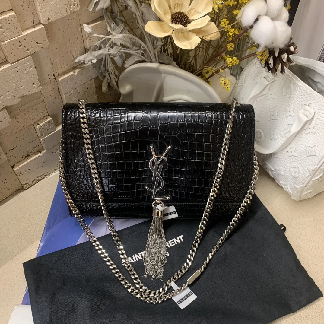 99新 YSL/圣罗兰 黑银流苏包kate压纹中号 尾款