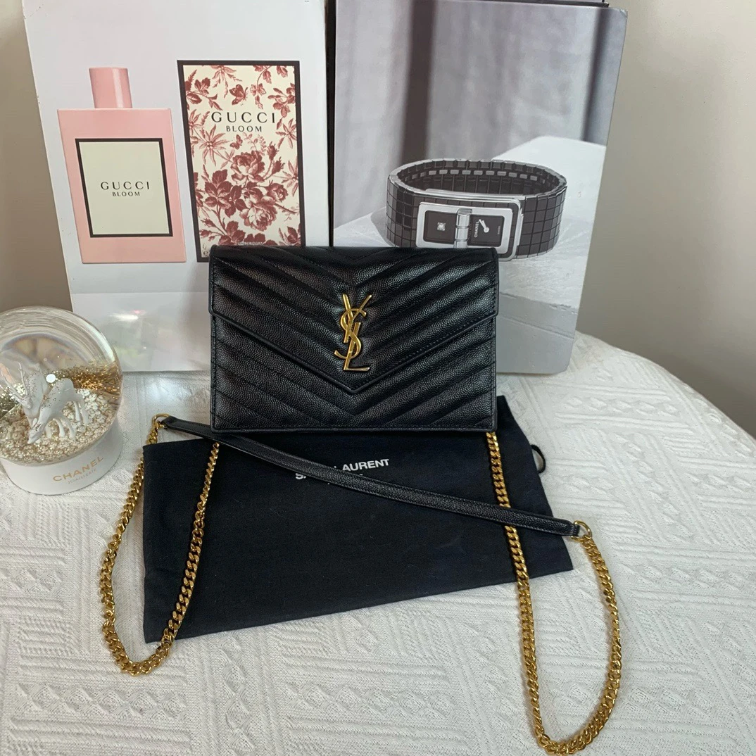 99新 YSL/圣罗兰 （1465） 黑金woc 小号信封包