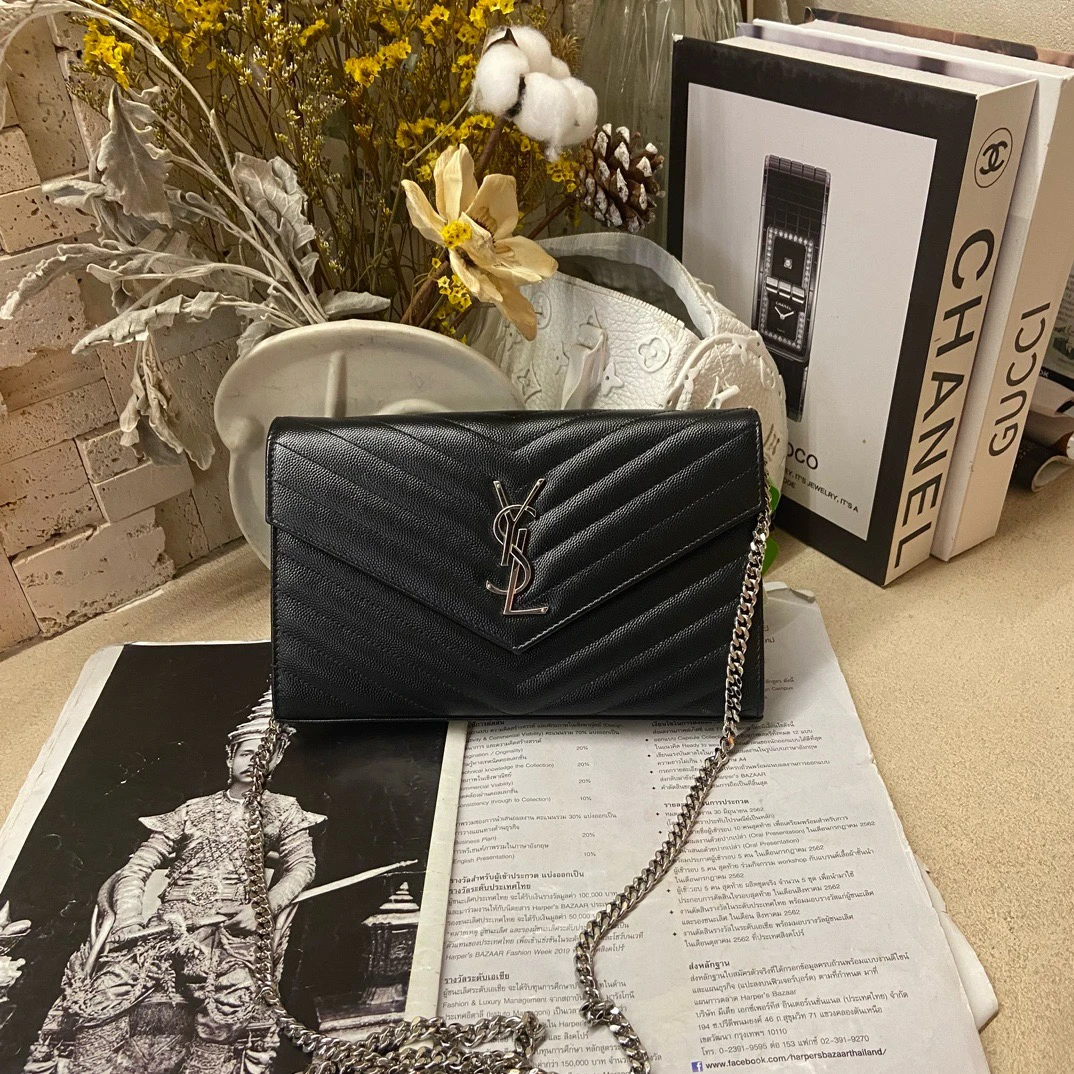 99新 YSL/圣罗兰 黑银信封包中号