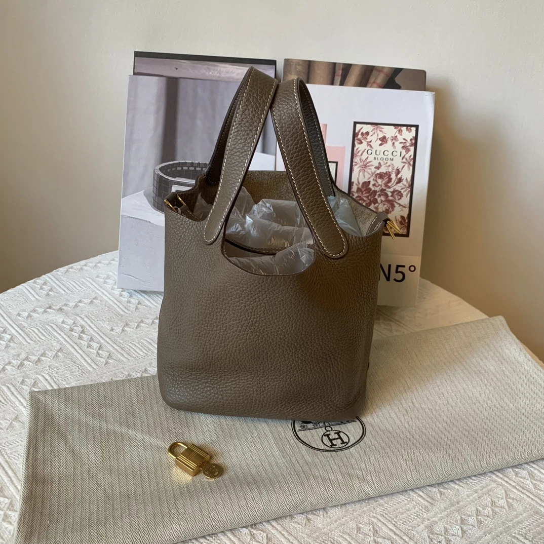 95新 Hermes/爱马仕 大象灰菜篮子 picotin18 金扣u刻