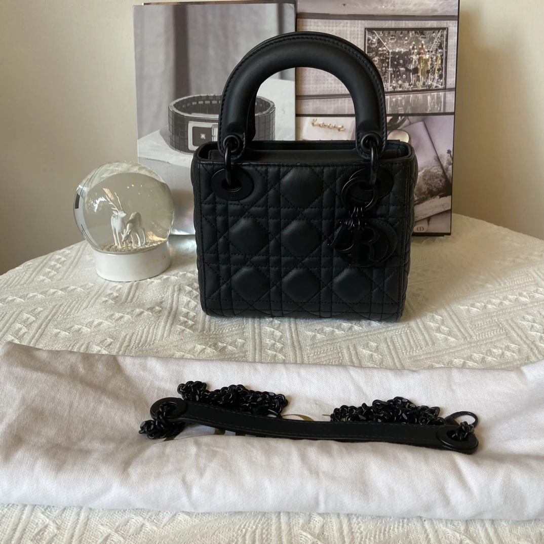95新 DIOR/迪奥 黑色磨砂三格戴妃包