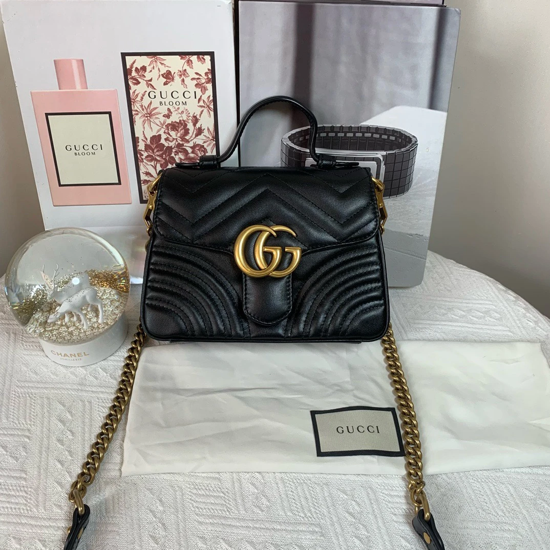 99新 GUCCI/古驰 （1603）黑金Marmont手提邮差包