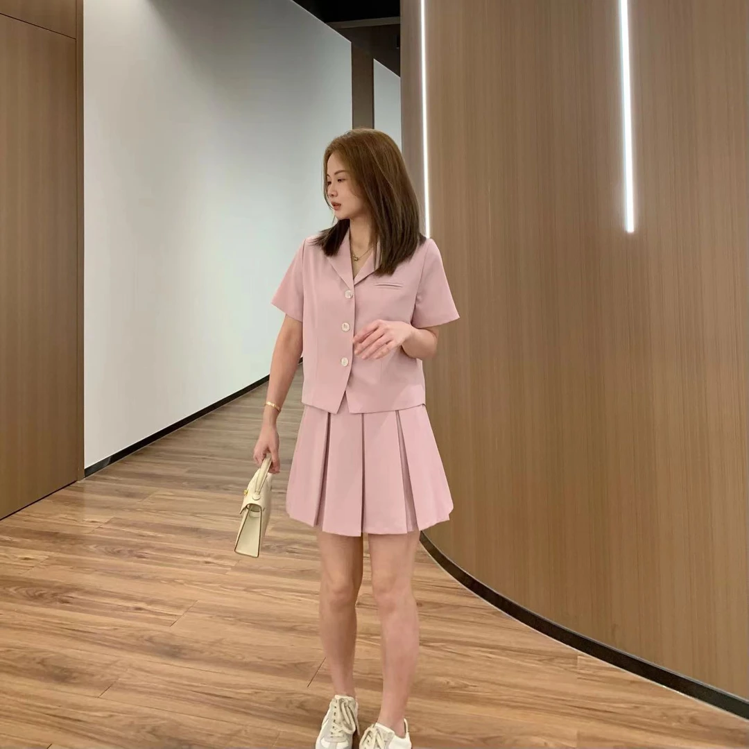 【折扣】YO定制休闲百搭短袖西装外套套装显瘦遮肉百褶裙两件套