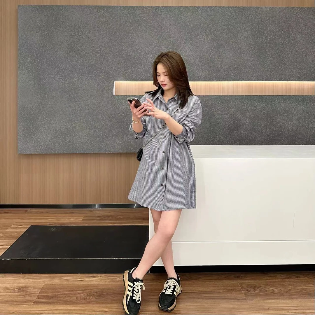 【折扣】YO定制韩系宽松遮肉条纹衬衫裙春季小个子百搭长袖连衣裙