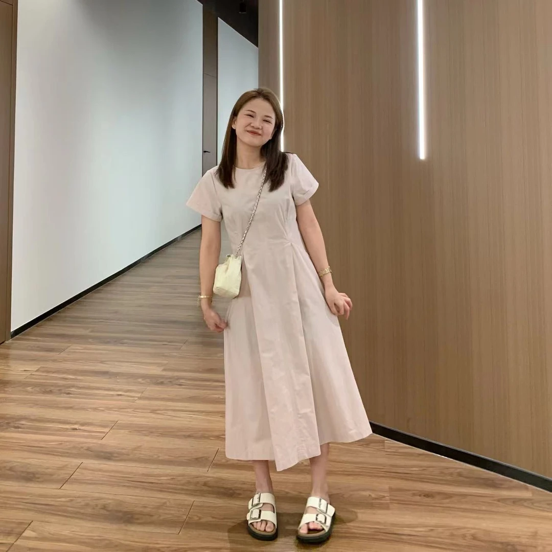 【折扣】YO定制简约气质纯色连衣裙夏季法式减龄显瘦茶歇裙子