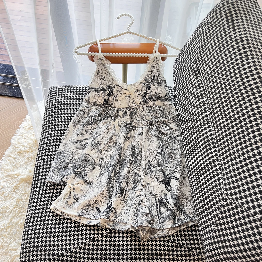 国风水墨蕾丝夏天带胸垫吊带睡衣两件套装女2025新款可外出家居服