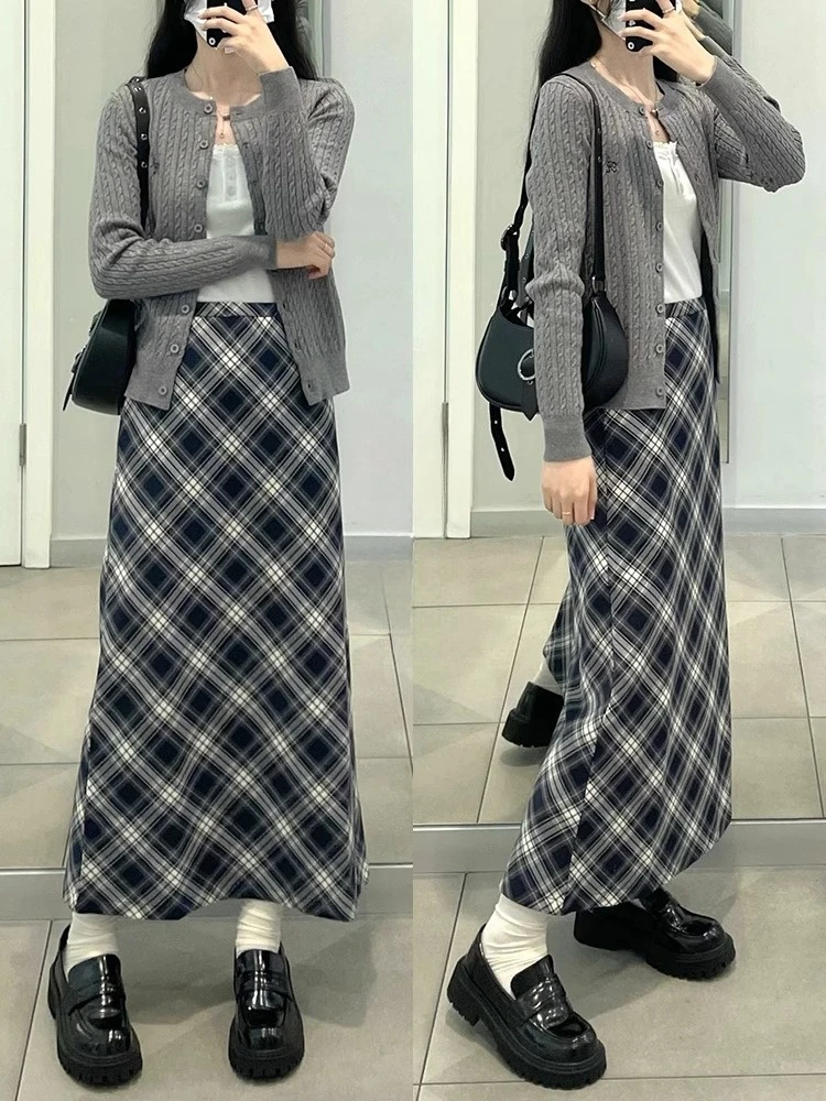梨形身材毛呢格子半身裙女高腰秋冬大码胖mm遮肚显瘦中长款a字裙