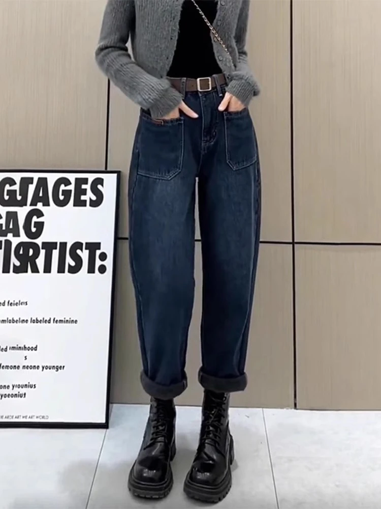 高腰梨形身材哈伦牛仔裤女秋冬加绒加厚胖妹妹宽松显瘦直筒老爹裤