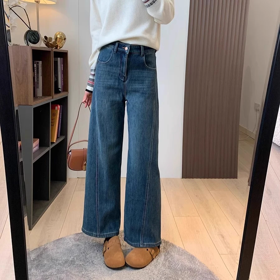 阔腿加绒牛仔裤女冬季加绒分割立裁复古感高腰宽松微廓形直筒裤子