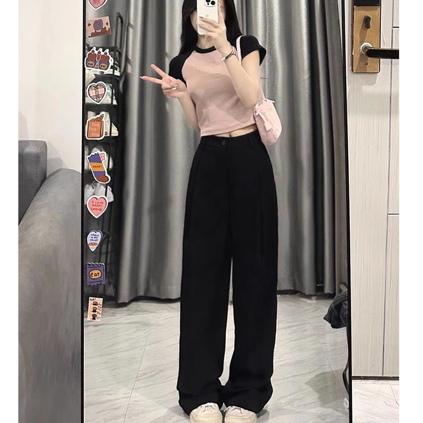 黑色西装阔腿裤女夏薄款胖mm高腰宽松显瘦垂感休闲裤梨型身材裤子