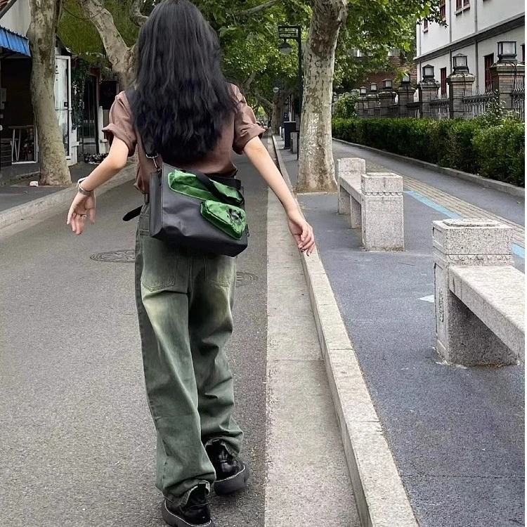梨形身材复古绿直筒牛仔裤女夏季薄款大码胖mm高腰遮胯拖地阔腿裤