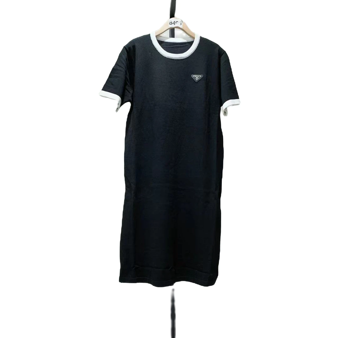 ZZ原创 7203黑 夏季新款纯色简约时尚百搭气质白边冰丝连衣裙