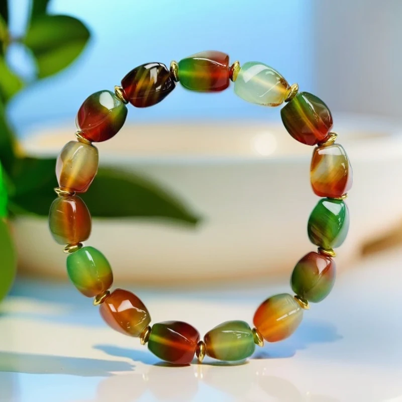 手串约8mm15颗盐源孔雀红绿宝四方聚宝盆女款玛瑙