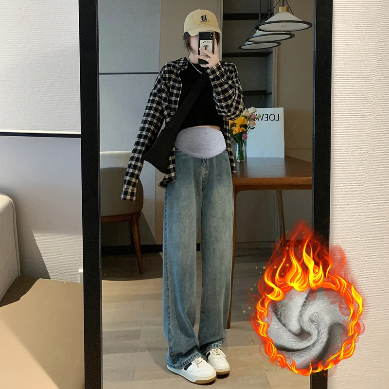 孕妇裤子秋冬季外穿2024新款宽松加绒牛仔阔腿拖地裤打底裤春秋装