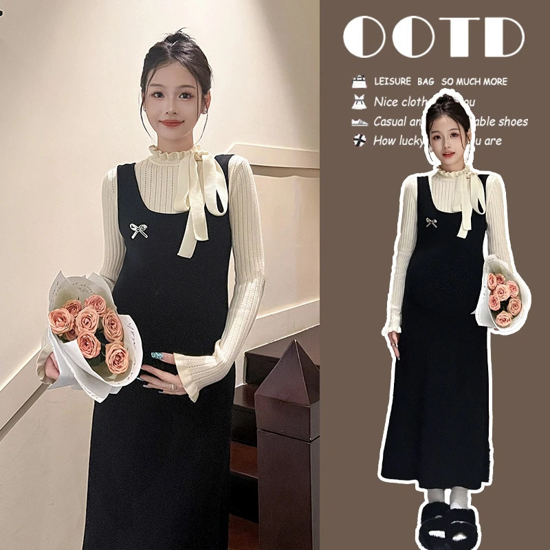 孕妇装秋装2024新款法式假两件针织长裙孕妈妈穿搭高级感连衣裙女