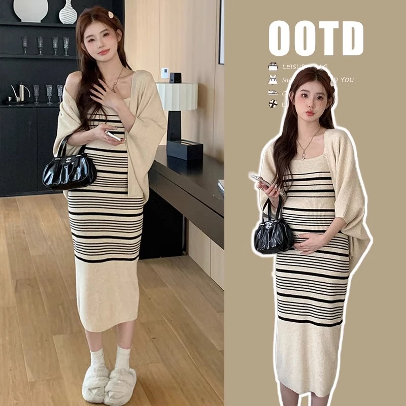 孕妇秋装连衣裙2023新款时尚套装洋气时髦条纹针织两件套春秋季潮