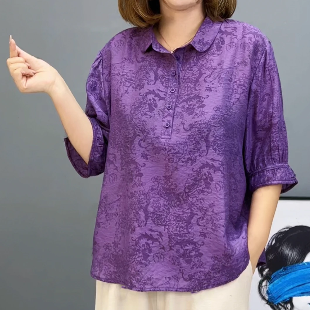 高档妈妈装2023秋季新款时尚印花翻领衬衫女士衬衣宽松遮肚子上衣