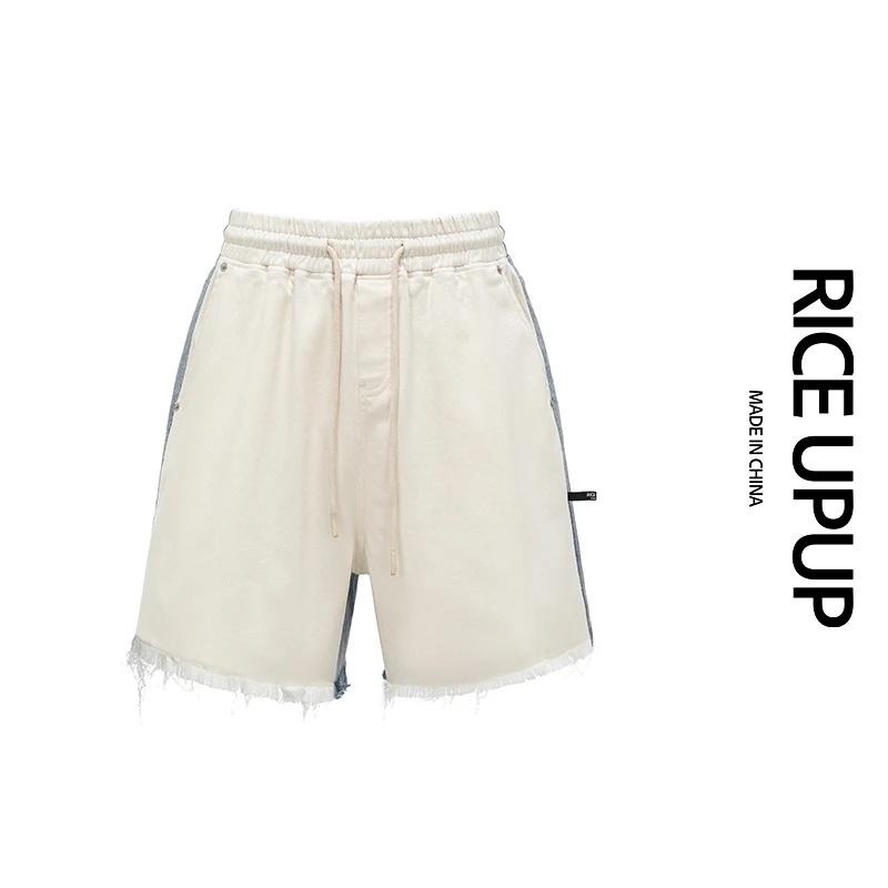 RICEUPUP-"组合布丁"拼色毛边白色牛仔短裤ins