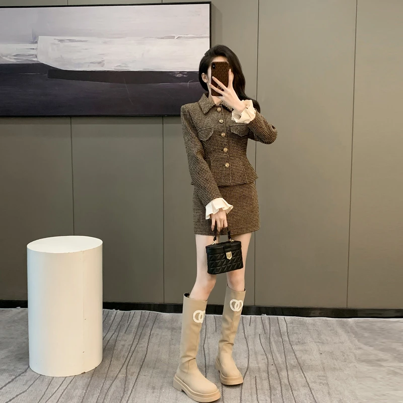 秋冬格纹小香风外套高腰气质显瘦时尚复古修身半身裙女友风套装