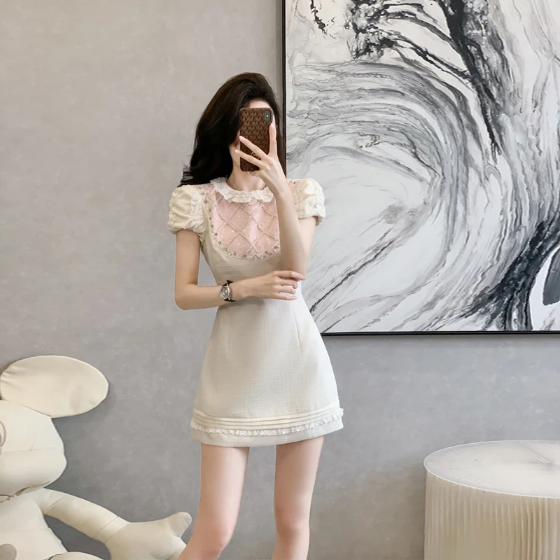 小香风连衣裙女夏季法式高级感气质名媛重工镶钻泡泡袖生日小礼裙