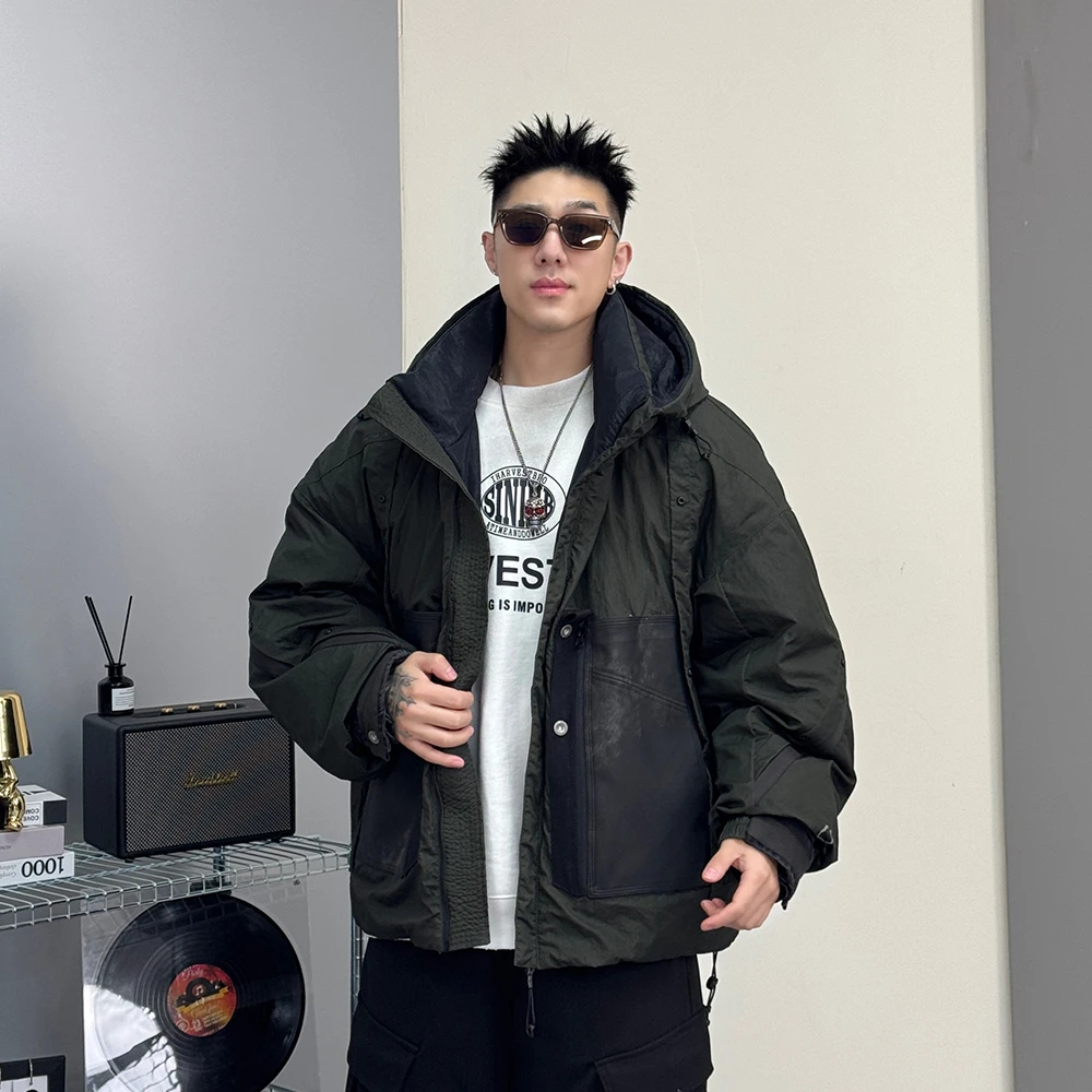 【拼接皮大口袋】秋冬季连帽鹅绒羽绒服外套男夹克阔版时尚百搭潮流
