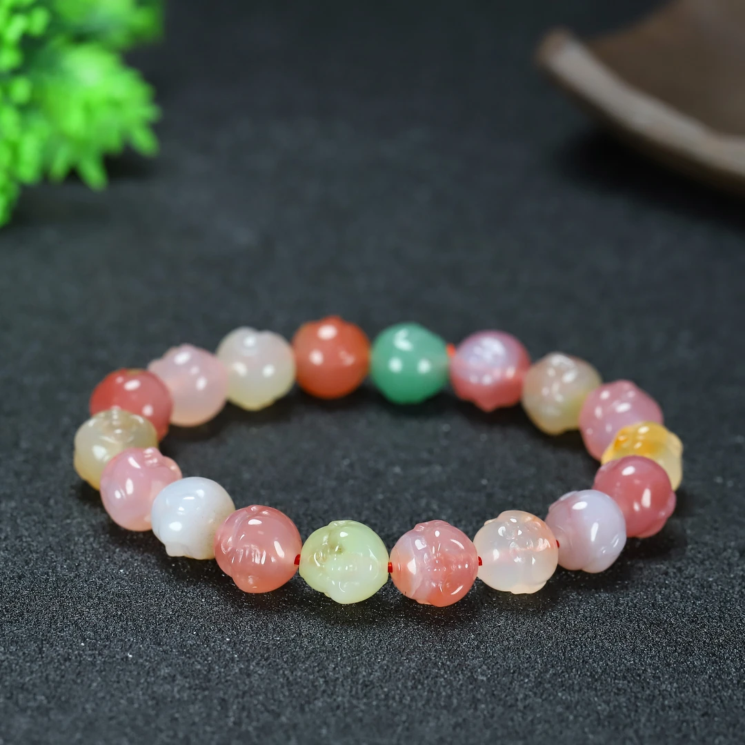 盐源玛瑙佛头手串彩色单圈时尚女款简约气质笑口常开