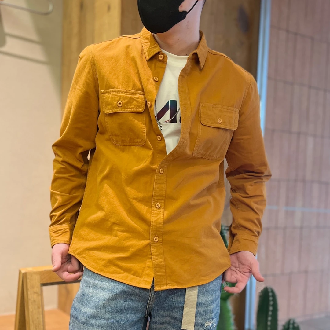 新款纯色男士衬衫复古翻领外套宽松百搭上衣春秋季打底衫夹克短袖