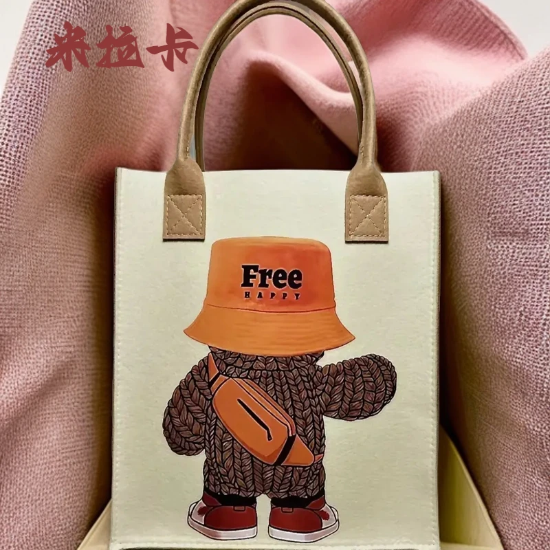 《新店福利品》手提包卡通包手提袋撞色毛毡包可爱印花购物袋