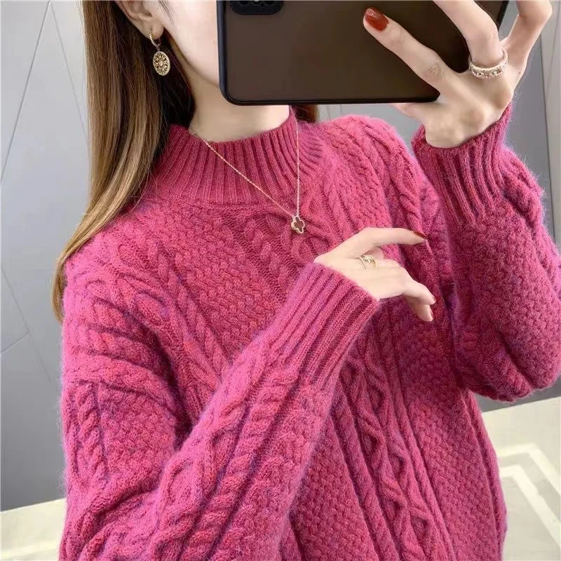 秋冬女士外穿加厚保暖慵懒半高领针织毛衣高领厚毛衣加绒80-150斤