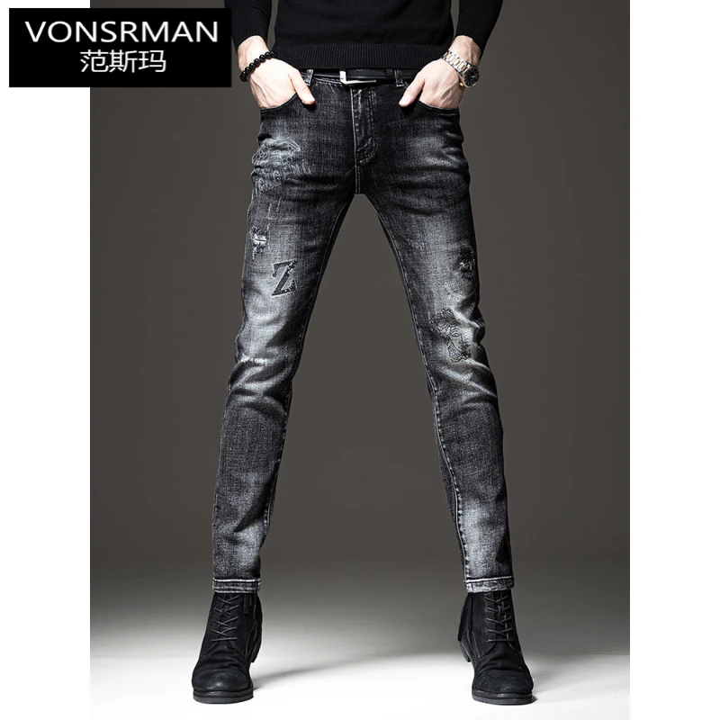 高端潮牌痞帅烫钻破洞牛仔裤男修身韩版小脚弹力帅气休闲长裤子男